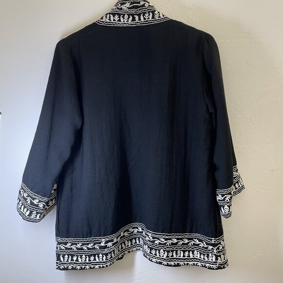 TravelSmith Wool Jacket Womens Black Embroidered Hidden Pockets Lagenlook Boho M - Picture 2 of 14